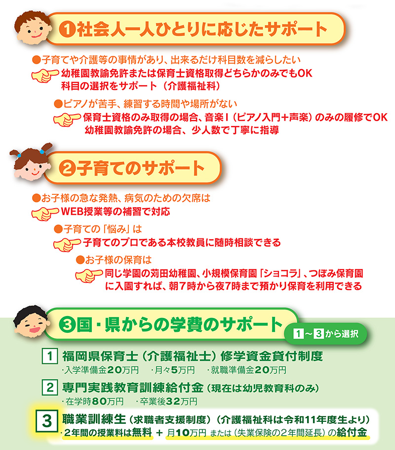 社会人一人ひとりに応じたサポート・子育てのサポート・国、県からの学費のサポート